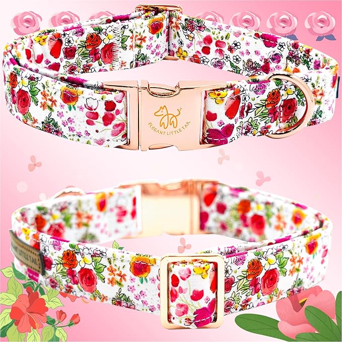 Elegant little tail Dog Collar, Pink Rose Print Pet Collar Summer Dog Collar Durable Metal Buckle Dog Collars Cotton Pet Adjustable Dog Collars for X-Large Dogs