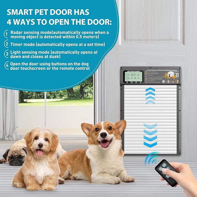 Automatic Pet Door, Dog Door Radar, Timer & Light Sensor Modes, Solar & USB Rechargeable Doggy Door, Durable Aluminum, Weatherproof, 10"×13", 24/7 Operation for Small Pets Up to 45 lb (White)