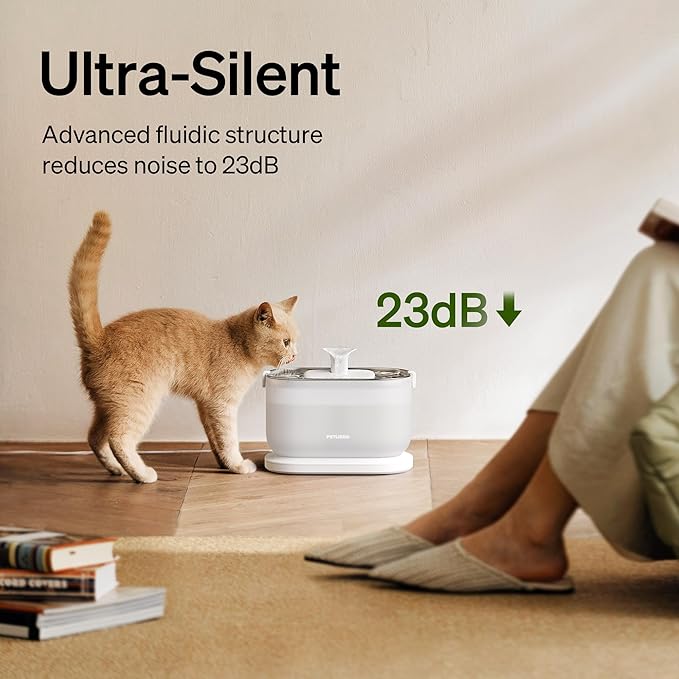 PETLIBRO Cat Water Fountain + PETLIBRO Genuine 4 Packs Filters, Cat Fountain Indoor Stainless Steel Tray, 2.5L/84oz Wireless Pump Pet Water Fountain, Cat Water Dispenser with Two Flow Modes