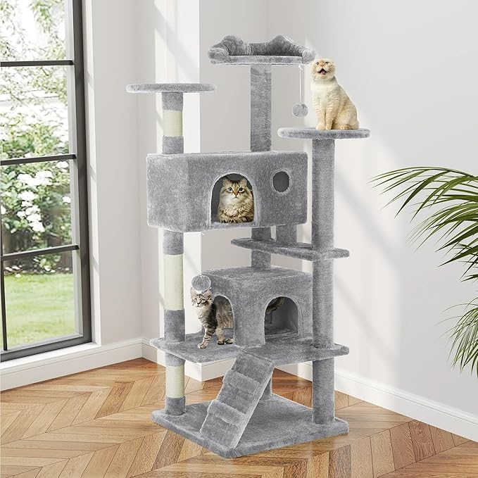 54 Inches Cat Tree Tower for Indoor Cats, Cat Tree Tower Condo with Scratching Post for Cats House Play, Multi-Level Furniture Activity Center for Pet, Sisal Rope, Light Gray