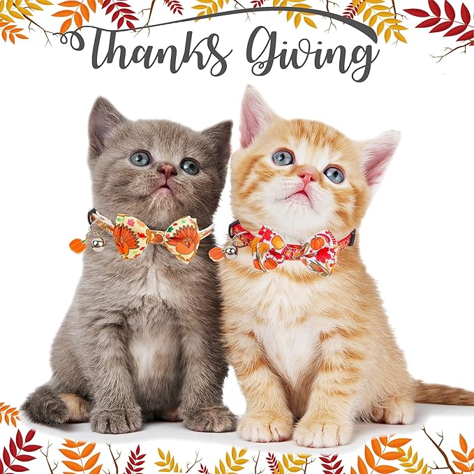 ADOGGYGO Thanksgiving Cat Collars with Bow Bell, Breakaway Fall Kitten Collar with Bowtie Pumpkin Turkey Collar for Girl Boy Cats Kittens