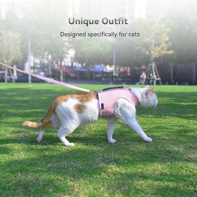 Cat Harness and Leash for Walking Escape Proof Breathable Mesh Fabric, Solid Pink, Medium, Adjustable Cat Walking Jackets with Handle, Padded Stylish Cat Vest