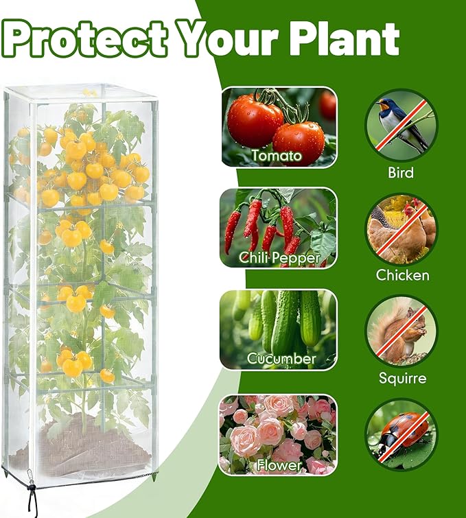 6 Pack 16.9 * 16.9 * 47.2inch Plant Cover for Square Tomato Cage,Tomato Trellis Mesh Netting Covers with Zipper Drawstring Bird Netting for Garden Protection