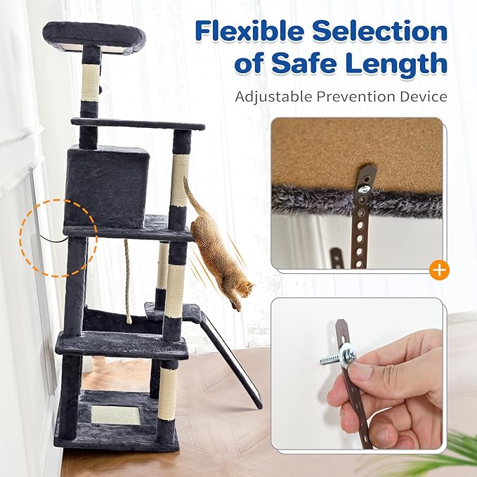 Cat Tree Tower 63in Multi-Level Cat Tower for Indoor Cats with Sisal Scratching Posts, Condo, Hammock, Dangling Ball and Extended Platform for Cats to Play, Grey