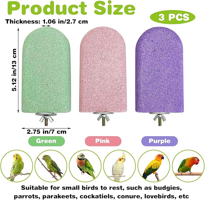 PINVNBY 3 PCS Bird Perches Calcium Parrot Perch Stand Bird Beak Grinding Stone Foot Claws Trimmer Multiple Colors Parakeets Chewing Toys Bird Cage Accessories for Budgie Cockatiel Conure Lovebird