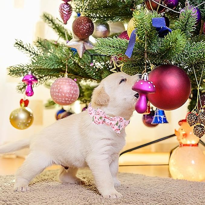 Christmas Dog Collar, Christmas Tree and Snowman Print Cute Winter Holiday Collars Cotton Adjustable Comfortable Pink Dog Collar with Bow,Stylish Collars for Small Girl Dogs