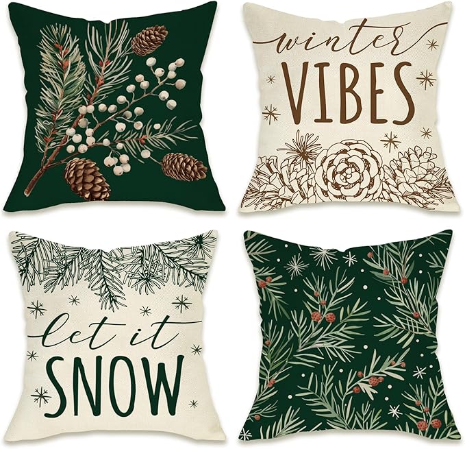 Fahrendom Winter Vibes Green Decorative Throw Pillow Covers 18 x 18 Set of 4, Let It Snow Pine Cones Needle Berry Porch Patio Outdoor Pillowcase, Christmas Seasonal Sofa Couch Cushion Case Home Decor
