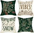 Fahrendom Winter Vibes Green Decorative Throw Pillow Covers 18 x 18 Set of 4, Let It Snow Pine Cones Needle Berry Porch Patio Outdoor Pillowcase, Christmas Seasonal Sofa Couch Cushion Case Home Decor