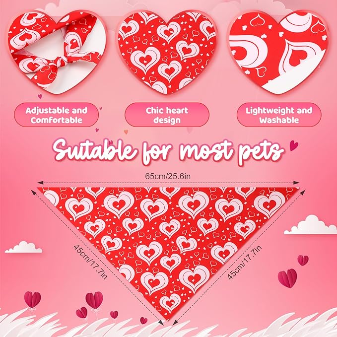 Weewooday 50 Pcs Valentines Dog Bandanas Bulk for Dogs Soft Bibs Adjustable Triangle Pet Bandana for Small Medium Large Costume(Heart Pattern, 25.6 x 17.7 x 17.7 Inch)