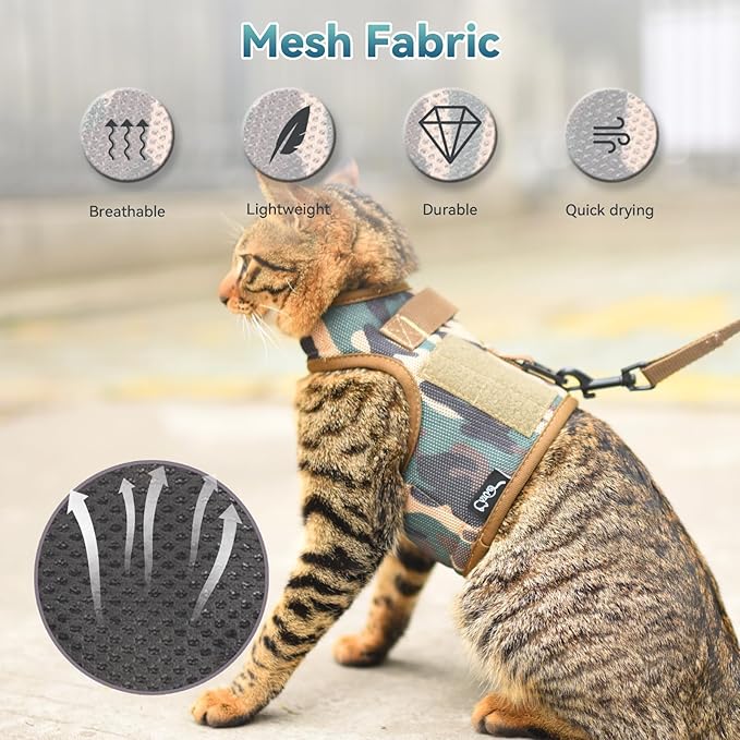 Tactical Cat Harness and Leash for Walking Escape Proof Breathable Mesh Fabric, Green Jungle Camo, Large, Adjustable Cat Walking Jackets, Padded Stylish Cat Vest
