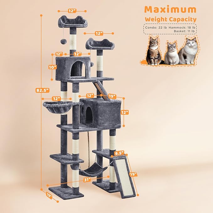 Yaheetech Cat Tree, 82.5in Large Tower w/Hammock, 2 Kitty-Ear Perches, 2 Cozy Condos, Scratching Posts, Basket, Furniture for Large Cats, Kittens, Dark Gray