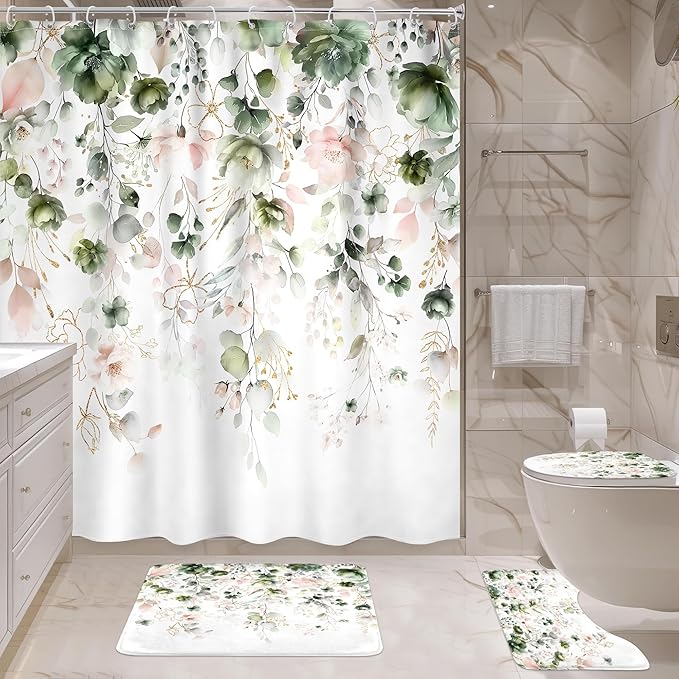 4 PCS Green Pink Floral Flower Shower Curtain Set 72Wx72H Inch Watercolor Pastel Plant Complete Bathroom Set Non-Slip Bath Rug Toilet Lid Cover and U Shape Mat Accessories 12 Hook Bathoom Decor