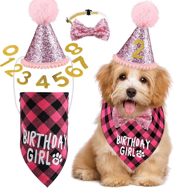 Weewooday Dog Birthday Party Supplies Birthday Boy Girl Cake Bandana Triangle Scarf Party Hat Dog Bow Tie Collar with Numbers for Large Medium Small Dog Puppy 1st Birthday(Sweet Style,Medium)