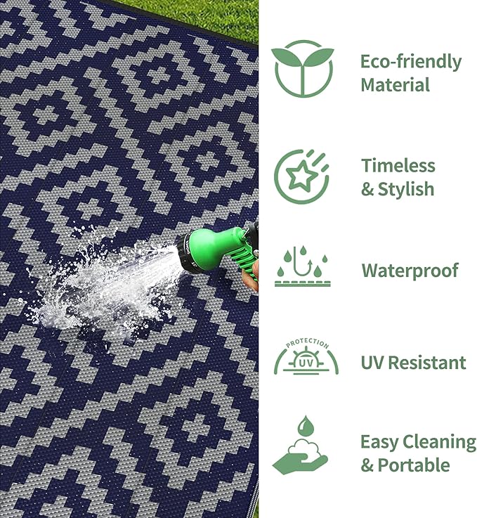 GENIMO Outdoor Rug for Patio Clearance, 5'x8' Waterproof Camping Mat, Reversible Plastic Straw Rugs for RV, Camper, Balcony, Backyard, Picnic, Deck (Blue & Grey)
