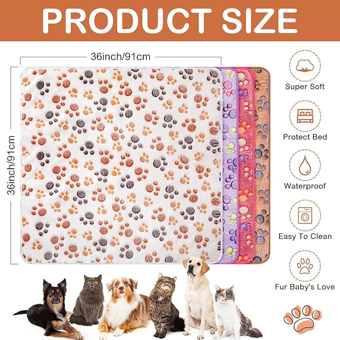 Panelee 4 Pcs Waterproof Dog Blankets Washable Puppy Paw Print Fleece Blanket for Small Medium Pet Cat Whelping Warm Soft Sleep Mat Guinea Pig Cage Liners(36 x 36 Inch)