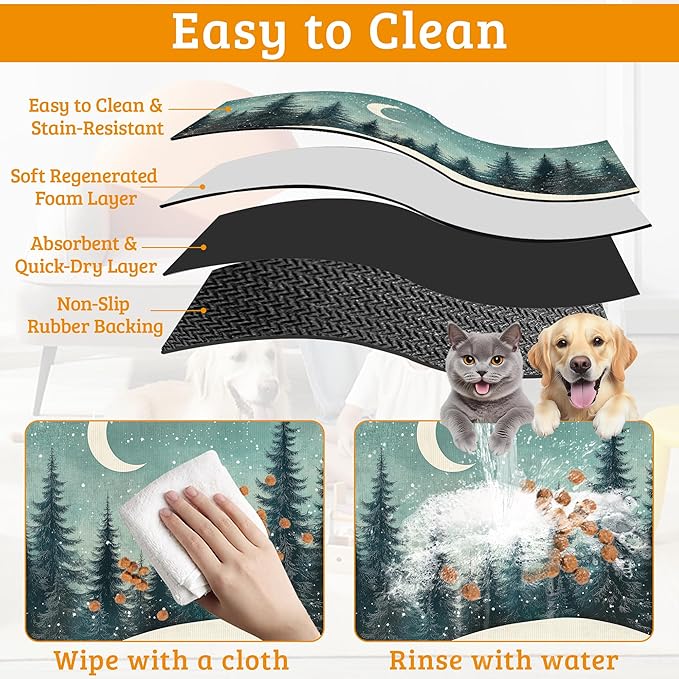 Pet Feeding Mat,Abstract Forest Absorbent Dog Cat Food Mat Moon Dog Mat with Rubber Backing,Non-Slip Water Bowl Placemat,Pet Supplies 12" x 20"