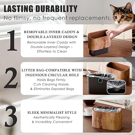 Cat Litter Scoop Holder – Wood-Grain Dual-Open Scoop Caddy with Bag-Lock Hole, Wide-Mouth Double-Layer Inner Bucket, Mini Desktop Trash Bin for Pet Scoops & Accessories
