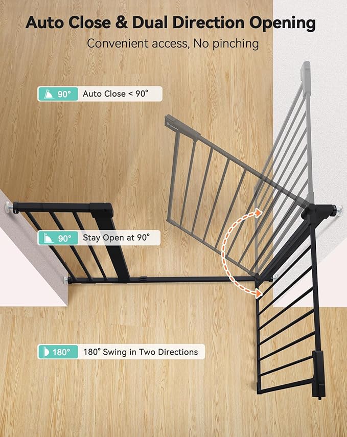COMOMY 36" Extra Tall Baby Gate for Stairs Doorways, Fits Openings 29.5" to 46" Wide, Auto Close Extra Wide Dog Gate for House, Pressure Mounted Easy Walk Through Pet Gate with Door, Black