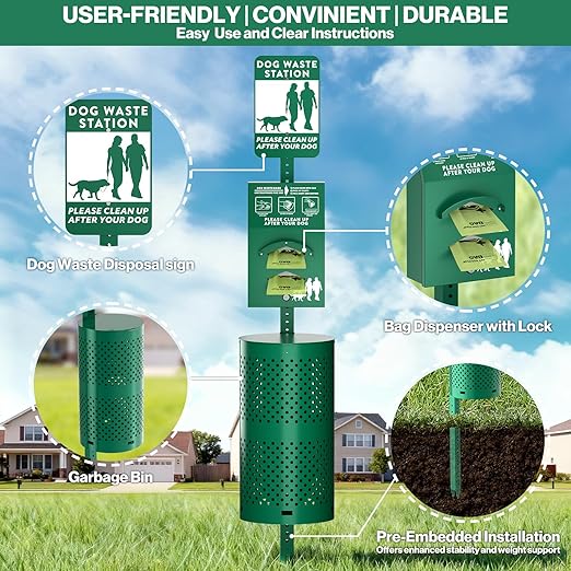 POCHAR Dog Waste Station Outdoor, Aluminum Rustproof Pet Poop Station with 600 Waste Bags & 50 Can Liners, Dog Park Equipment with Sign & Lid - Pet Poop Disposal System for Backyard