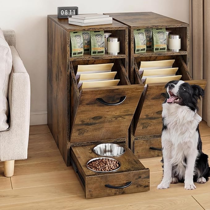 DWVO 30.6" Dog Feeding Station with Storage, Tilt-Out Dog Food Cabinet with 4 Feeder Bowls, Pull Out Elevated Dogs Bowl, Rustic Brown