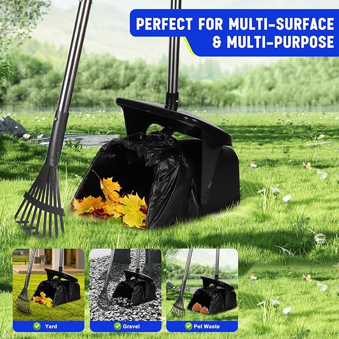 39.8'' Long Handle Dog Pooper Scooper with 20 Bag Attachment Heavy Duty Swivel Bin & Rake Pooper Scooper for Large Medium Dogs Easy to Clean Poop Scooper for Yard, Grass, Gravel