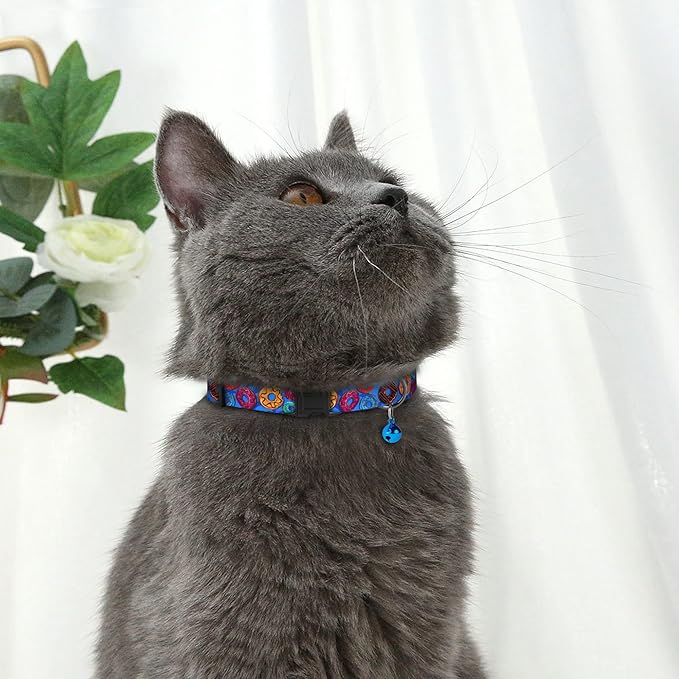 4PCS Breakaway Cat Collars with Bell - Cute Soft Adjustable Safety Kitten Collars 4-Pack - Nylon Pet Collars Nature Tribal Striped Floral Space Aztec Flowers Print (Travel & Cookies)