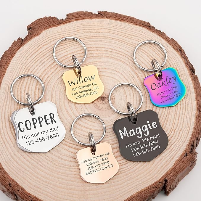 Anavia Personalized Pet ID Tags, Stainless Steel Glossy Laser Engraved Dog Cat Collar Name Tags, Multiple Colors Shapes Sizes (Badge, Small)