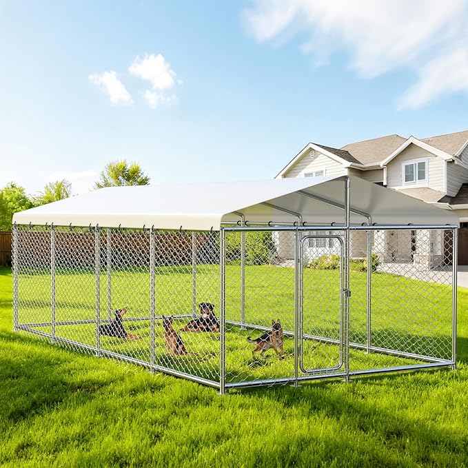 20'x10' Large Outdoor Dog Kennel Outside– Heavy-Duty Dog Enclosure with Wire Mesh Fence, Lock & Waterproof Cover for Large Dogs (240x120IN)