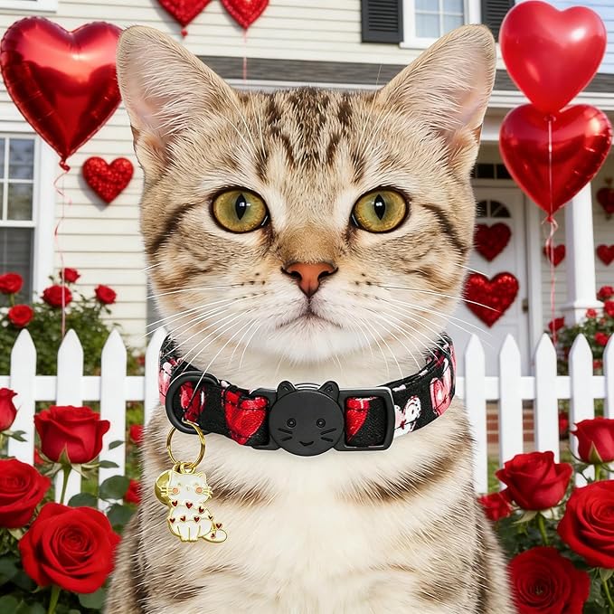 Valentine Cat Collar-2 Pack Collars Red and Black Heart Print Breakaway with Kitten and Bell Pendant Safety Buckle Adjustable Pet Collar for Cats Gift for Cats and Small Pets