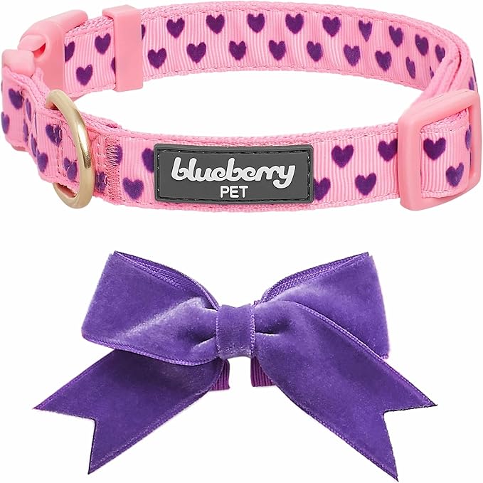 Blueberry Pet Adjustable Flocking Dog Collar with Detachable Velvety Bowtie - Heart in Gothic Grape