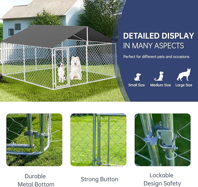 Petonly Outdoor Dog Enclosure Heavy Duty Dog Kennel House Mesh Dog Big Cage Pet Kennel Steel Fence with Secure Lock(118”x 118”)