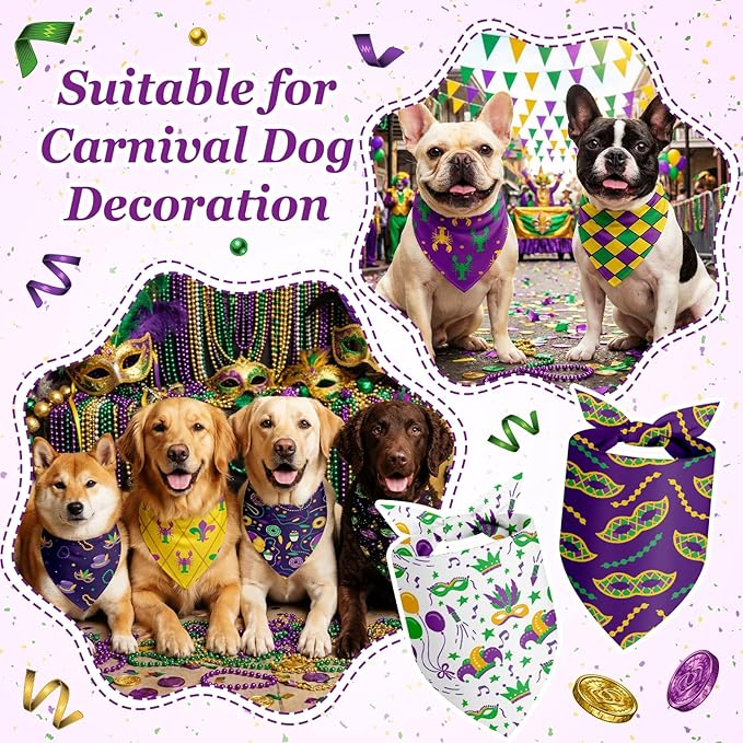 Abbylike 50 Pcs Mardi Gras Dog Bandanas Bulk Purple Green and Gold Bandanas for Dogs Triangle Kerchief Bibs Scarf Set for Pet Carnival Costume Photo Props Accessories Shops (25.6 x 17.7 x 17.7)