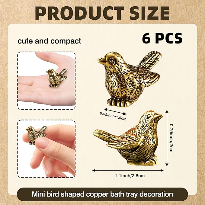 6 Pcs Copper Bath Disks Ornaments Mini Bird Shape, Retro Copper Birdbath Purification Cleaner, Fit for Outdoor Birdbaths, Bowls