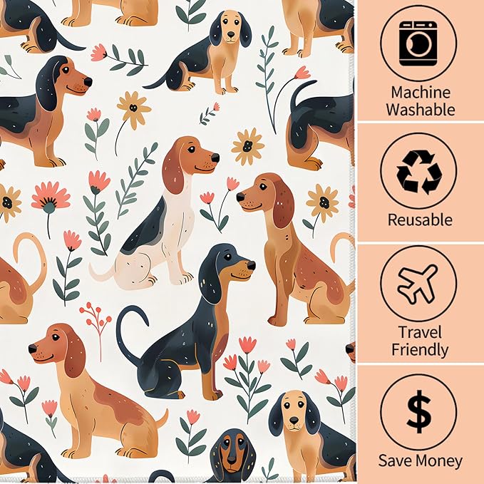 Cute Dachshund Hand Towels - 2 Pack,14.5" X 28",Soft Microfiber Polyester Cartoon Towel Set with Weiner Dog-Lover & Floral Pattern,for Rustic Bathroom Kitchen Spa Hotel Decor Gifts Women Girls