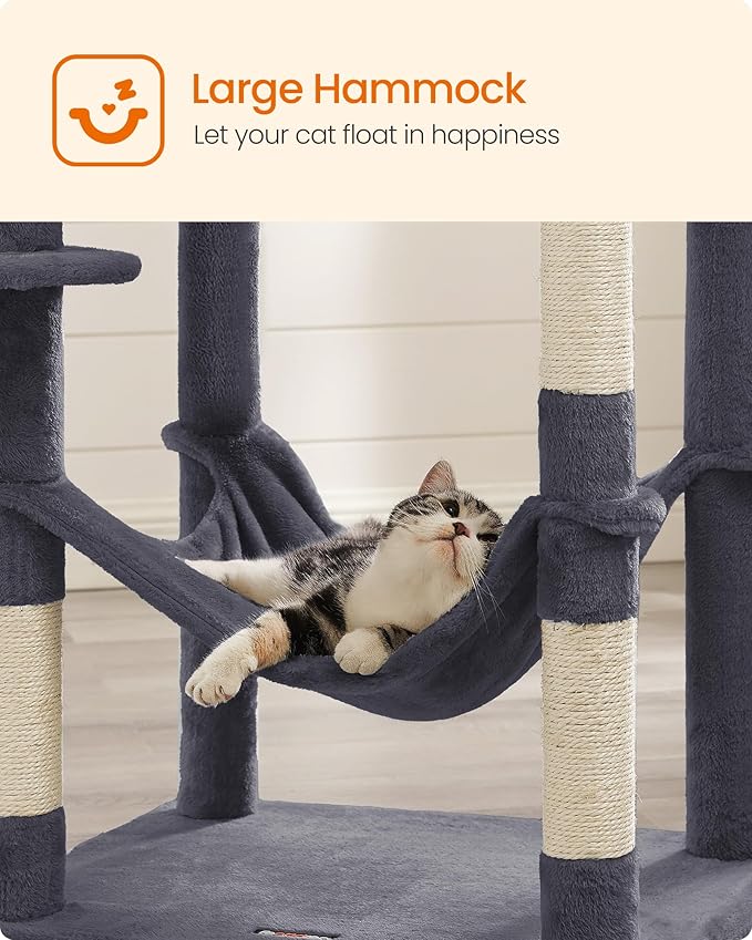 Feandrea Cat Tree, 73.2-Inch Tall Cat Tower, Plush Multi-Level Condo with 5 Scratching Posts, 2 Perches, 2 Caves, Hammock, 2 Pompoms, Smoky Gray UPCT191G01