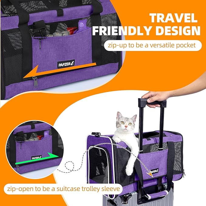 Cat Carrier Soft-Sided Travel Bag for Medium to Large Cats Over 15lbs, Small Dog Carrier Crate Top Entry Breathable Mesh Puppy 12 Pounds, Pet Rabbit Carrying Cage Kennel Collapsible Purple