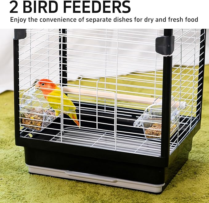 25 inch Bird Cage, Portable Travel Parrot Cage, Double-Layer Parakeet Cage, for Temporary Pet Accommodation, Trip to Vet, Short Trip, Camping, Black & White