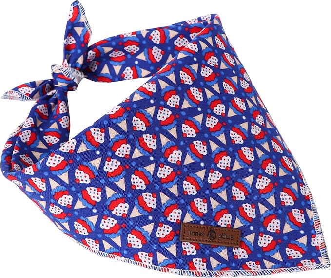 Lionet Paws Cotton Dog Bandanas, Comfortable Blue Red Sundae Dog Bandana Scarf,Birthday Scarves for Medium Large Dogs Pets