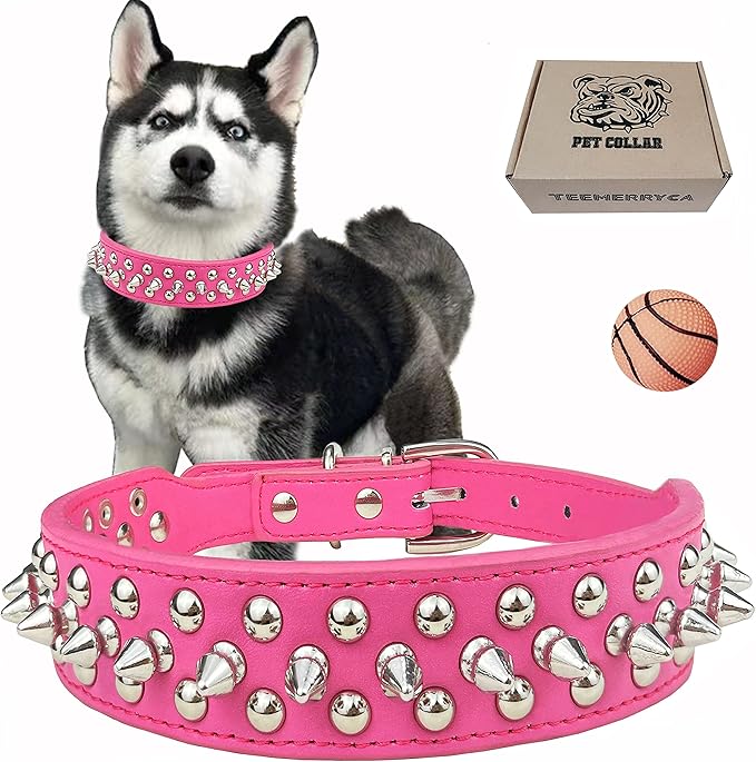TEEMERRYCA Adjustable PU Leather Spiked Studded Dog Collars with a Squeak Ball Gift for Small Medium Large Pets Like Cats/Pit Bull/Bulldog/Pugs/Husky, Hot Pink, XS 8.3"-10.6"