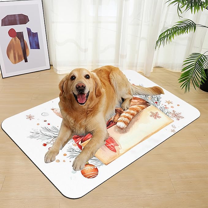 Cat Dog Cat Food Mat–Christmas Stocking Absorbent Waterproof Placemat for Food and Water Bowls, Non Slip Rubber Backing, Feeding Mat for Clean Floors 12"x20"