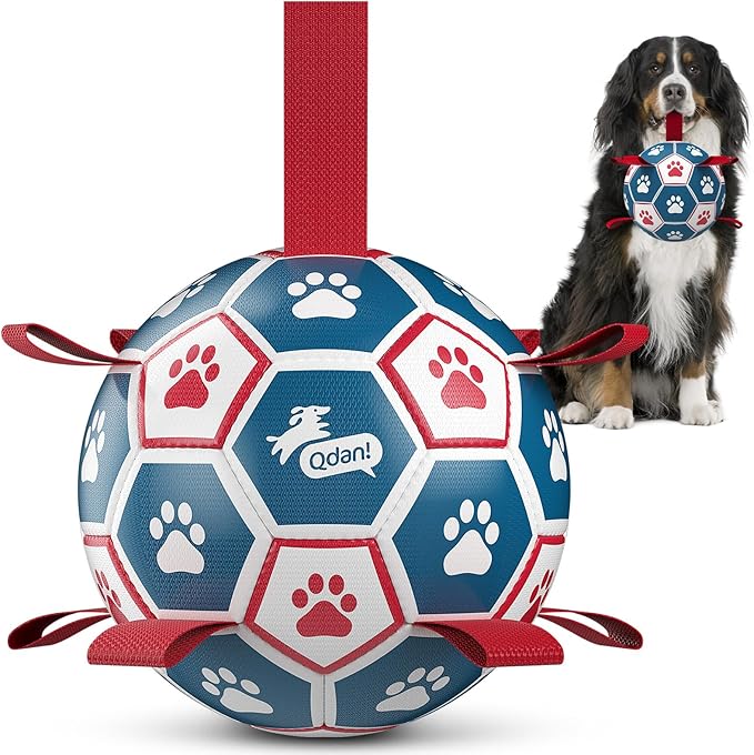 QDAN Extra Large Soccer Ball with Straps, Interactive Dog Toys for Tug of War, Puppy Birthday & Water Toy, Large Dog Balls - Blue & Red (9 Inch)