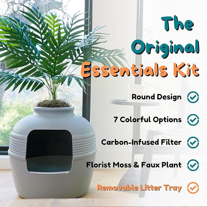Good Pet Stuff Hidden Litter Box Planter, Decorative Cat Litter Enclosure with Carbon Filter, Artificial Plant, Easy Clean, Indoor Design, Original Round Style, Essentials Kit, Stone Gray