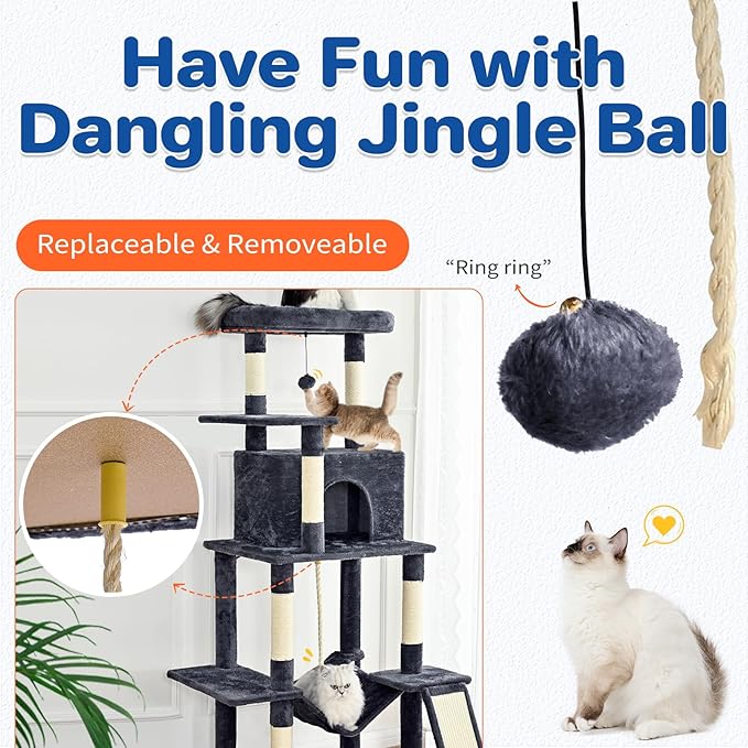 Cat Tree Tower 63in Multi-Level Cat Tower for Indoor Cats with Sisal Scratching Posts, Condo, Hammock, Dangling Ball and Extended Platform for Cats to Play, Grey