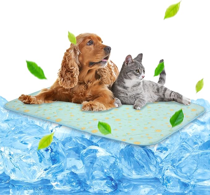 NWK Pack of 4 Pet Cooling Mat - Ice Silk Cooling Mat for Dogs & Cats Portable & Washable Pet Cooling Blanket, Car Seats, Beds for Summer (4pcs, Green Fruit, 39’’ X 27’’ X 0.3)