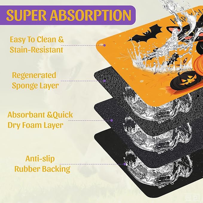 Halloween Cat Pet Feeding Mat, Absorbent Dog Bowl Pad, Quick Dry with Anti-Skid Bottom, Indoor Pet Accessories – 12x20 Inch