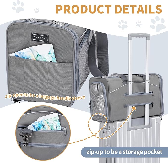 ‌Petsfit Airline Approved Pet Carrier for Small Cats, 16.5x8.6x11 TSA Approved Carrier, with Removable Dual-Sided Padding (2-Way Placement) - Fits Under Most Airplane Seats, Escape Proof (Grey)