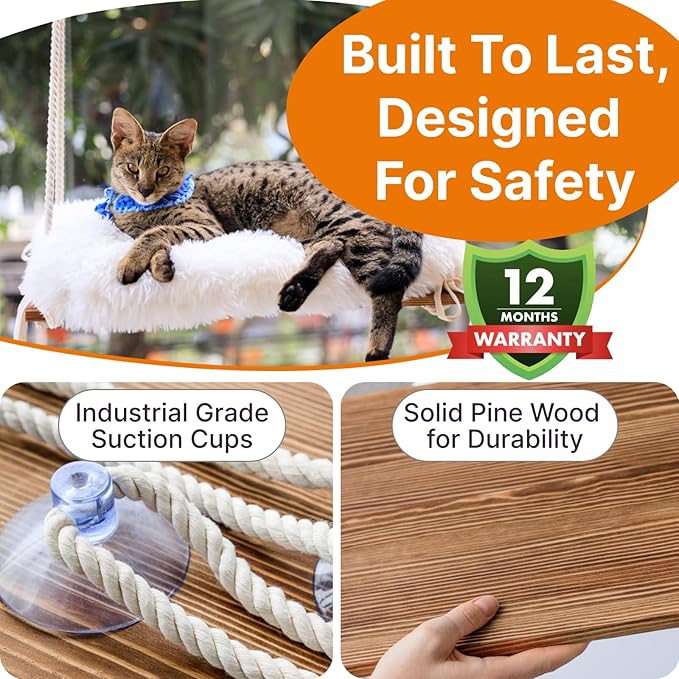 Large Cat Window Perch with Industrial-Grade Suction Cups - Solid Pine Wood Hammock Bed, Soft Cushion - 42 lb Capacity for Heavy Cats Inside