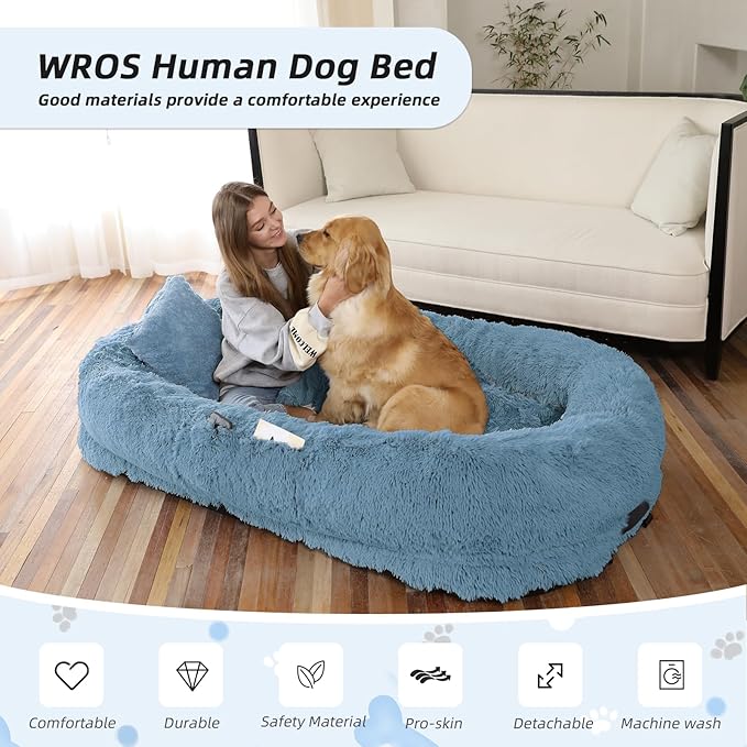 Human Dog Bed, 71''x45''x12'' Size Fits You and Pets, Washable Faux Fur Pet Bed for People Doze Off, Napping Orthopedic Dog Bed, Present Plump Pillow, Blanket, Strap - Rainbow