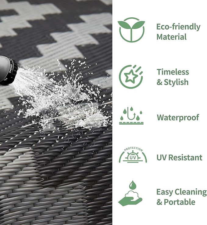 GENIMO Outdoor Rug for Patio Clearance,5'x8' Waterproof Mat,Reversible Plastic Camping Rugs,Rv,Porch,Deck,Camper,Balcony,Backyard,Black & Gray