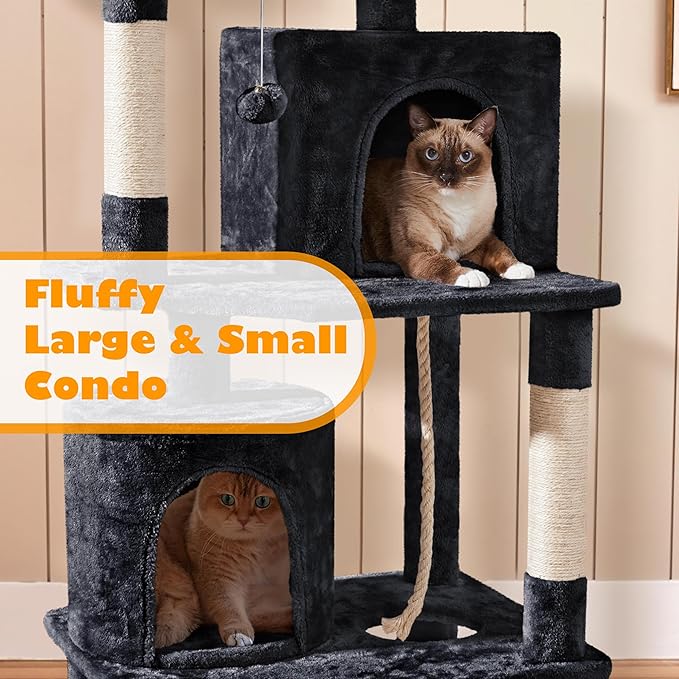 Yaheetech Cat Tree, 70.5in Climbing Tower for Indoor Cats, Multi-Level Kitten Condo with Scratching Post, Pet Activity Center w/Plush Perches & Hammock & Dangling Ball, Black